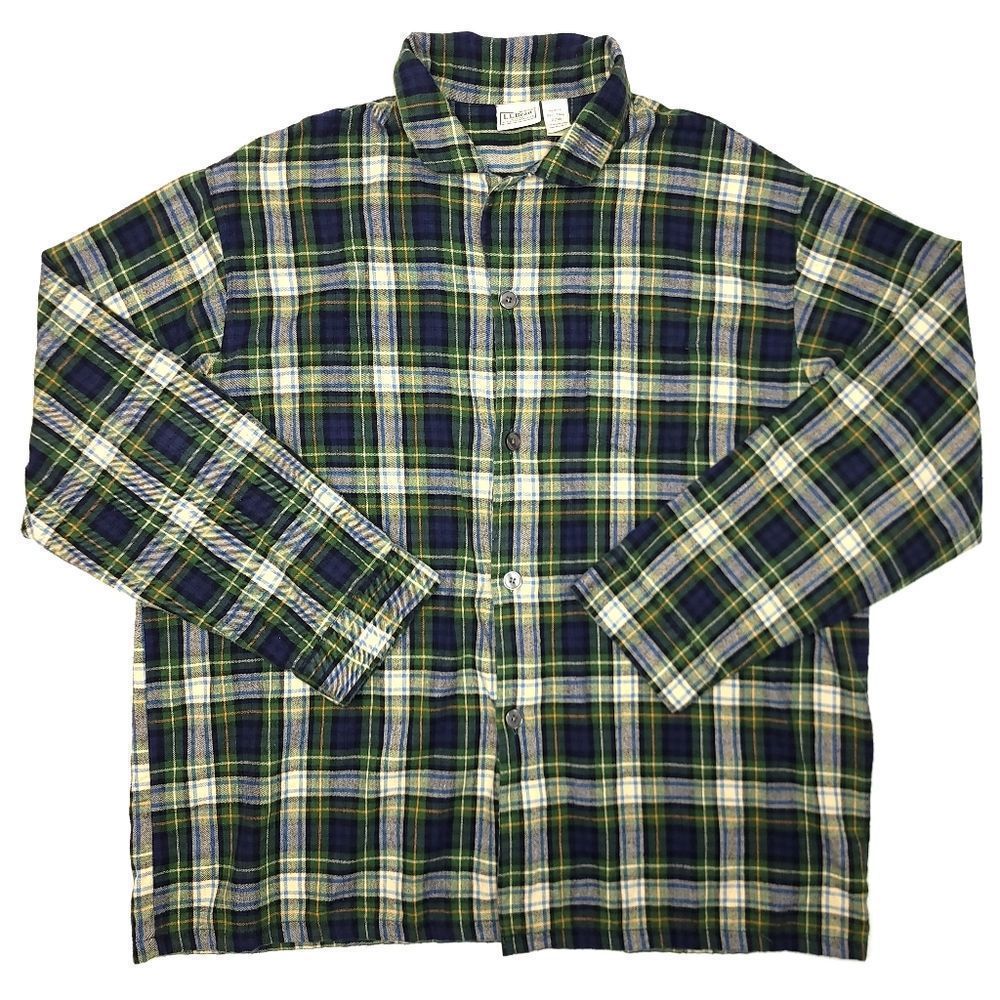 L.L. Bean Pajama Top Shirt Flannel Mens 2XLT Green Blue Sleepwear Buttoned Soft